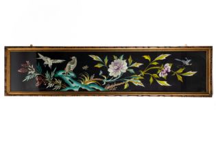 A SOUTH EAST ASIAN EMBROIDERED FRIEZE PANEL DEPICTING CHRYSANTHEMUMS AND BIRDS (2)