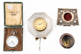 A SILVER MOUNTED OAK CLOCK AND THREE FURTHER ITEMS (4)