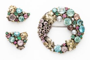 ATTRIBUTED TO DORRIE NOSSITER: A GEMSET BROOCH AND EARRING SET (3)