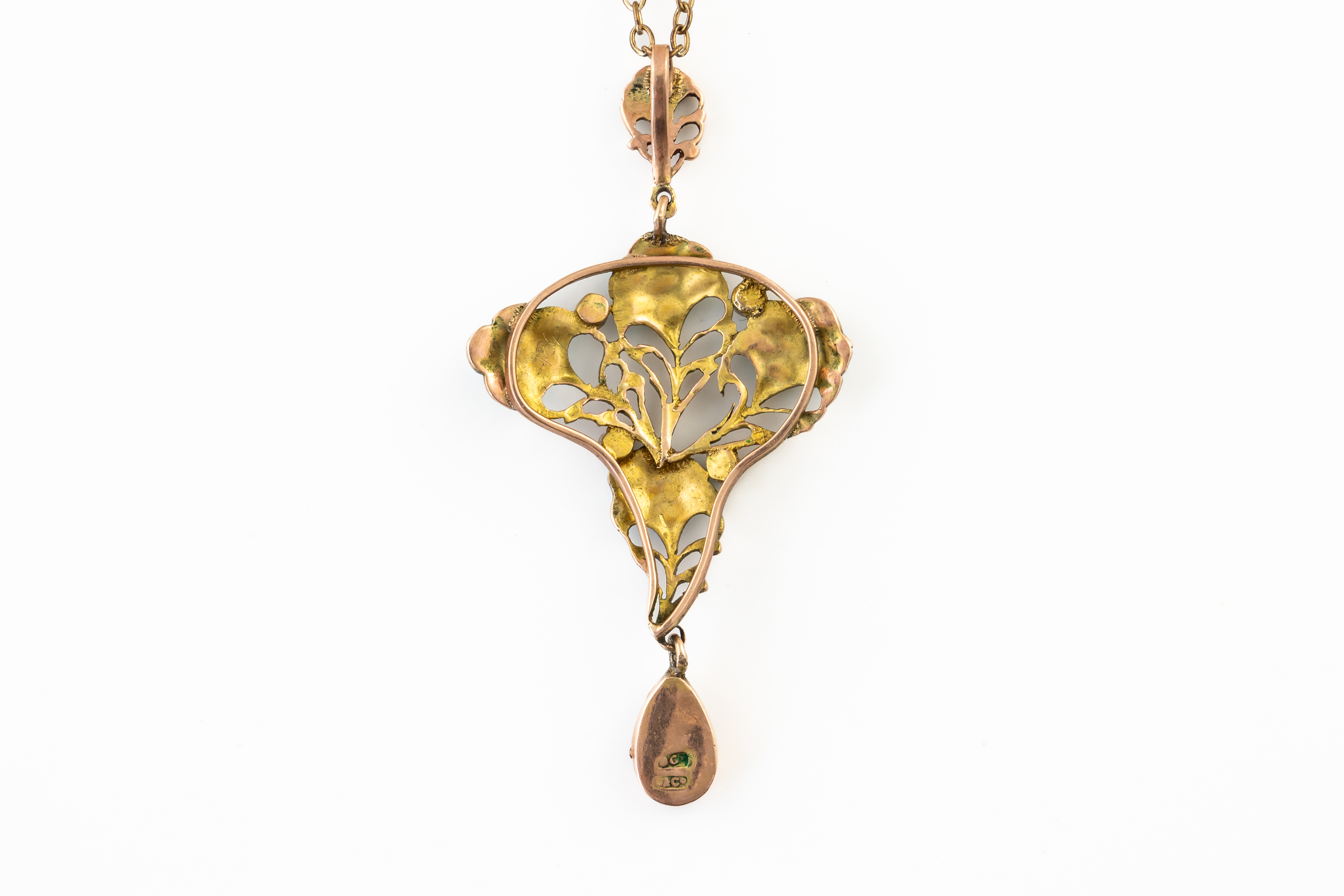 AN ART NOUVEAU GOLD, ENAMEL & PEARL PENDANT - Image 2 of 2