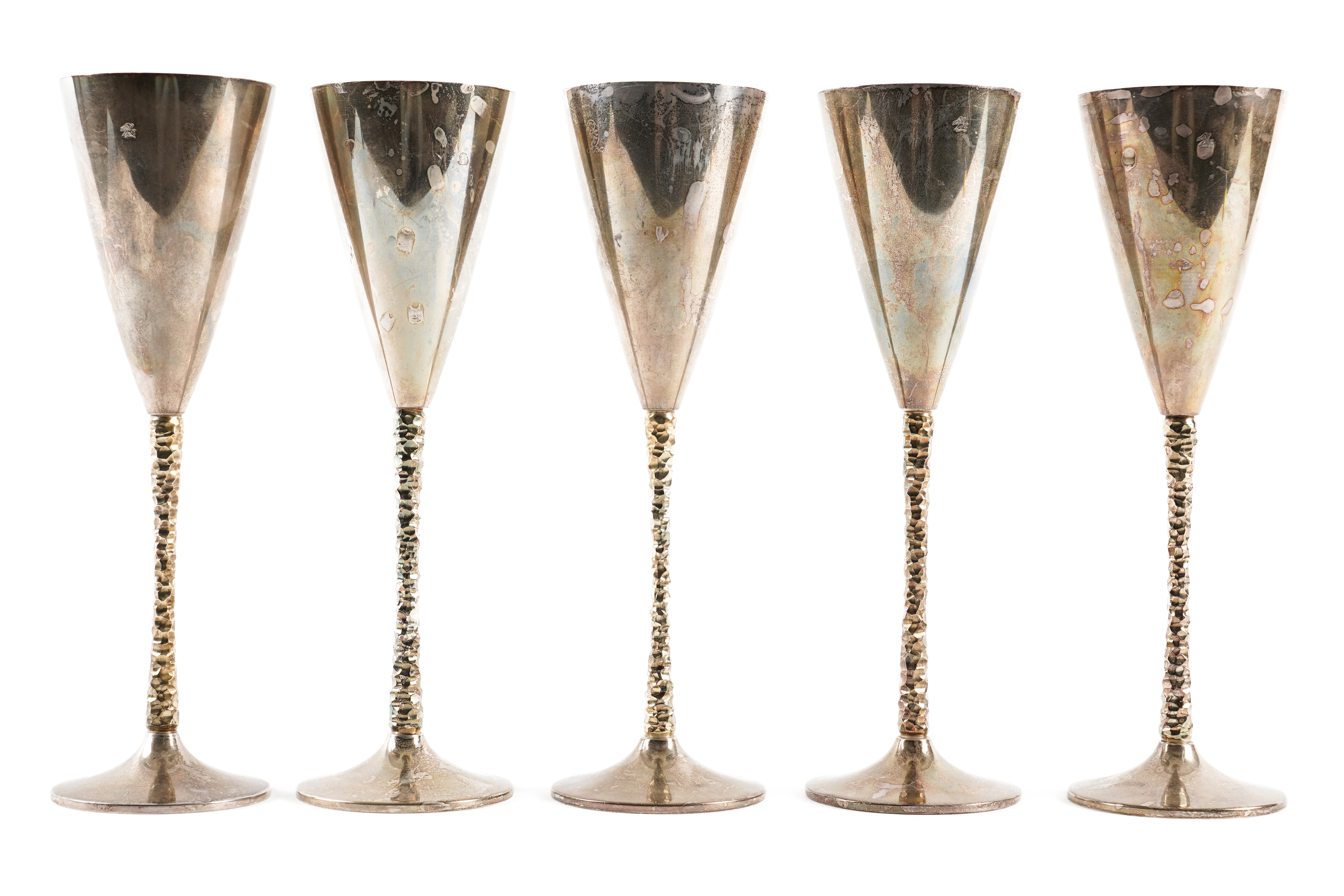 FIVE STUART DEVLIN SILVER WINE GOBLETS (5)