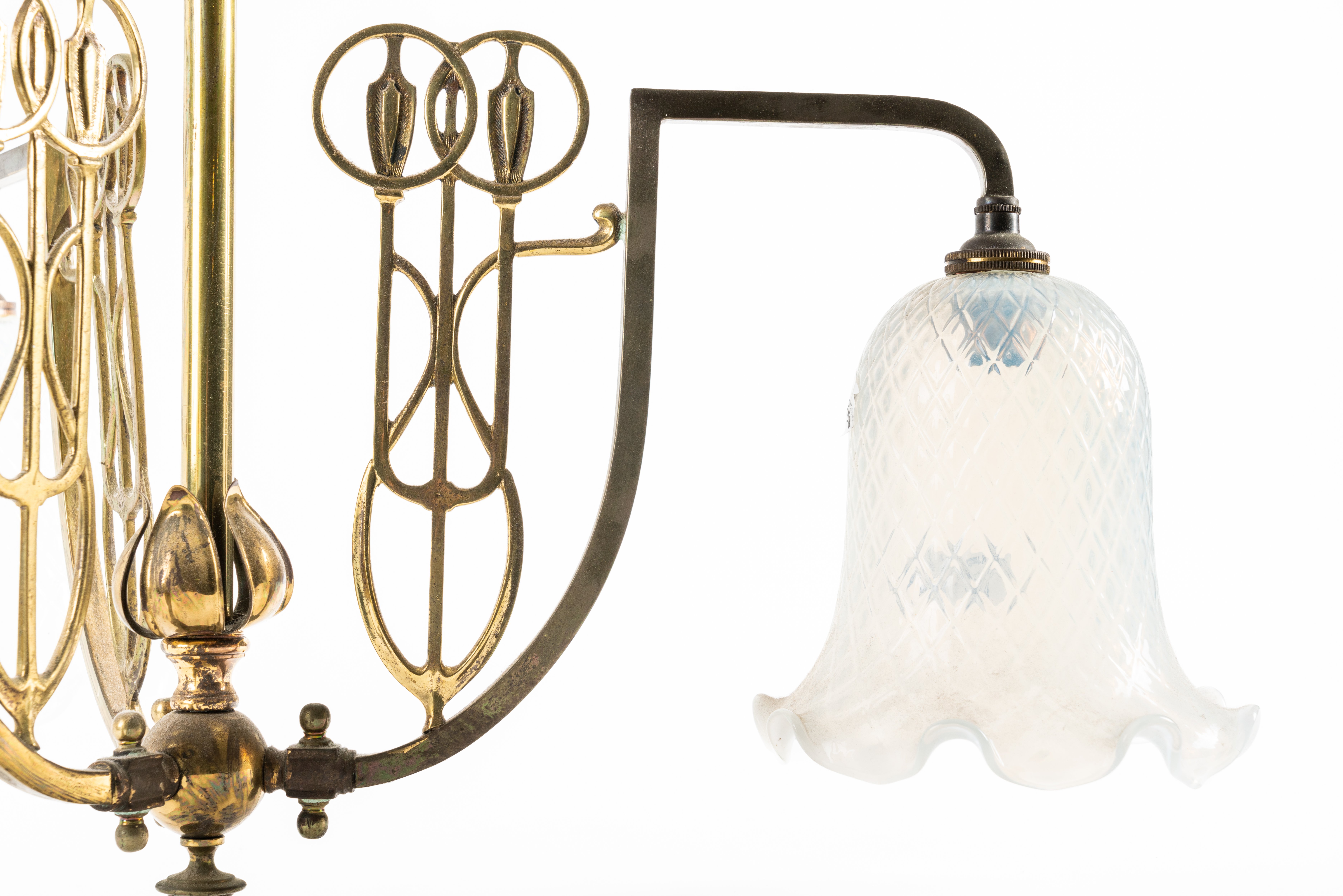 AN ART NOUVEAU BRASS THREE BANCH HANGING LIGHT - Image 3 of 3