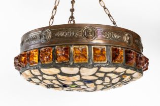 AN AUSTRIAN ARTS AND CRAFTS COPPER, AMBER AND MOTHER-OF-PEARL 'CHUNK GLASS' HANGING LIGHT SHADE