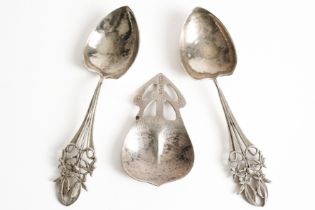 TWO SIMILAR SILVER SPOONS AND A SILVER CADDY SPOON (3)