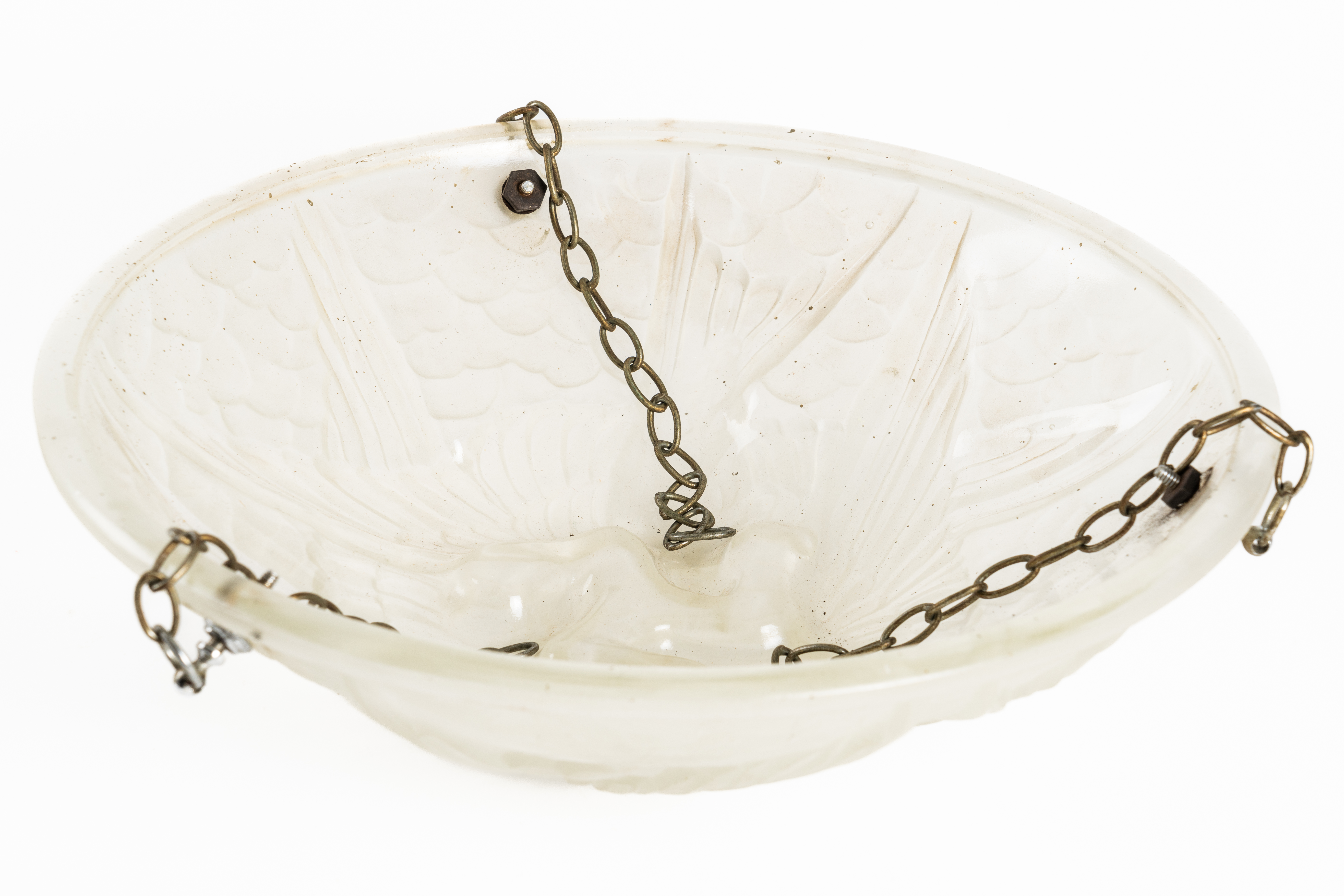 AN ART DECO FROSTED AND MOULDED GLASS HANGING DISH LIGHT - Image 2 of 3