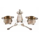 A GROUP OF SILVER AND ENAMELLED CONDIMENTS (5)