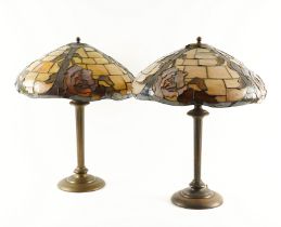 POSSIBLY DUFFNER & KIMBERLY: A LARGE MATCHED PAIR OF TIFFANY STYLE STAINED GLASS MOUNTED BRASS...