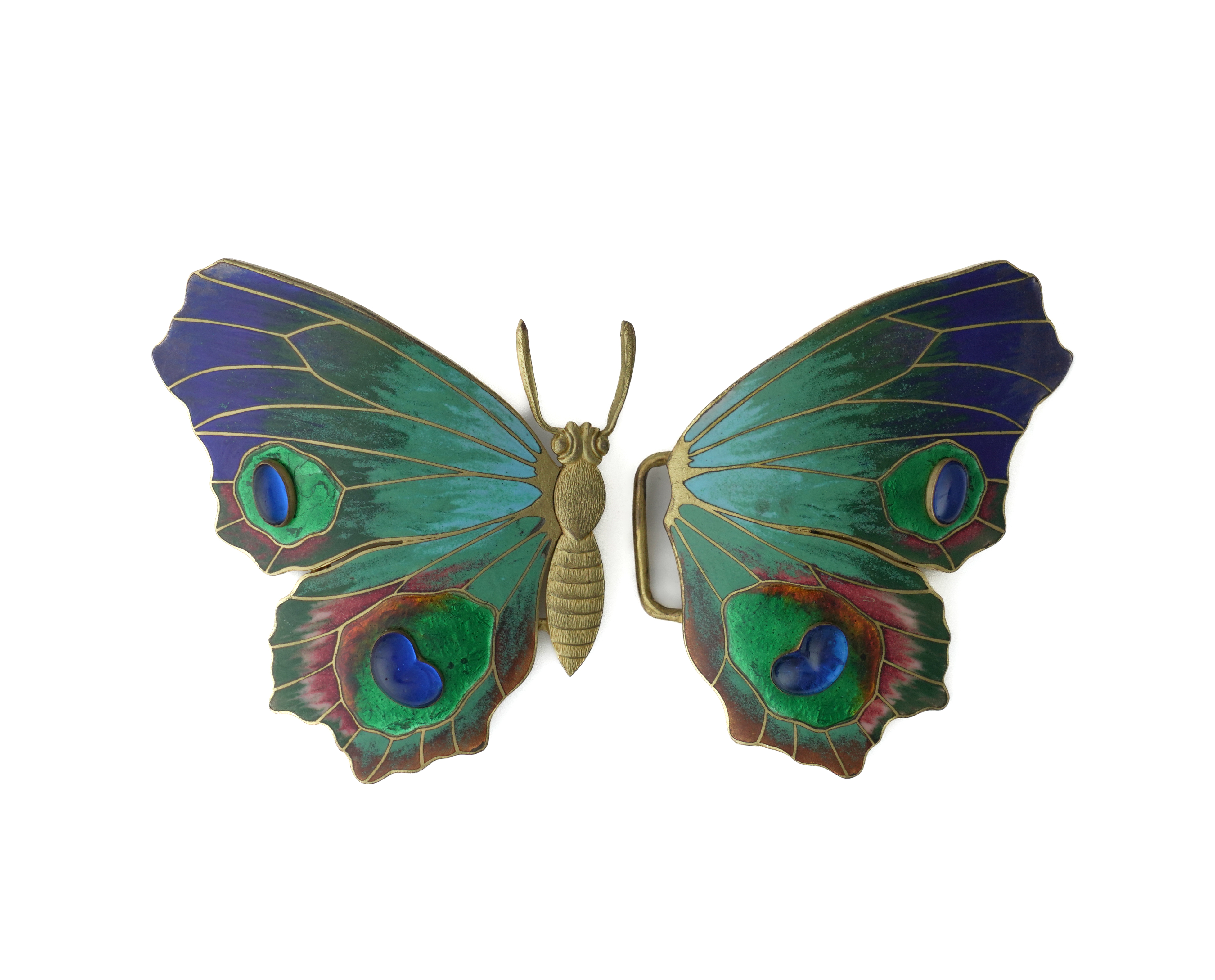 PIEL FRERES; A GILT METAL ENAMELLED AND BLUE PASTE SET TWO PIECE WAISTBELT BUCKLE - Image 2 of 3