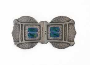 A SILVER AND ENAMELLED TWO PIECE WAISTBELT BUCKLE
