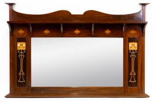 AN ART NOVEAU MARQUETRY INLAID MAHOGANY OVERMANTEL MIRROR