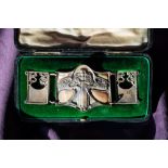 KATE HARRIS FOR HUTTON & SONS; A SILVER AND MOTHER-OF-PEARL THREE PIECE WAISTBELT BUCKLE