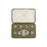 A LIBERTY AND CO SILVER AND ENAMELLED COMPOSITE BUCKLE AND BUTTON SET