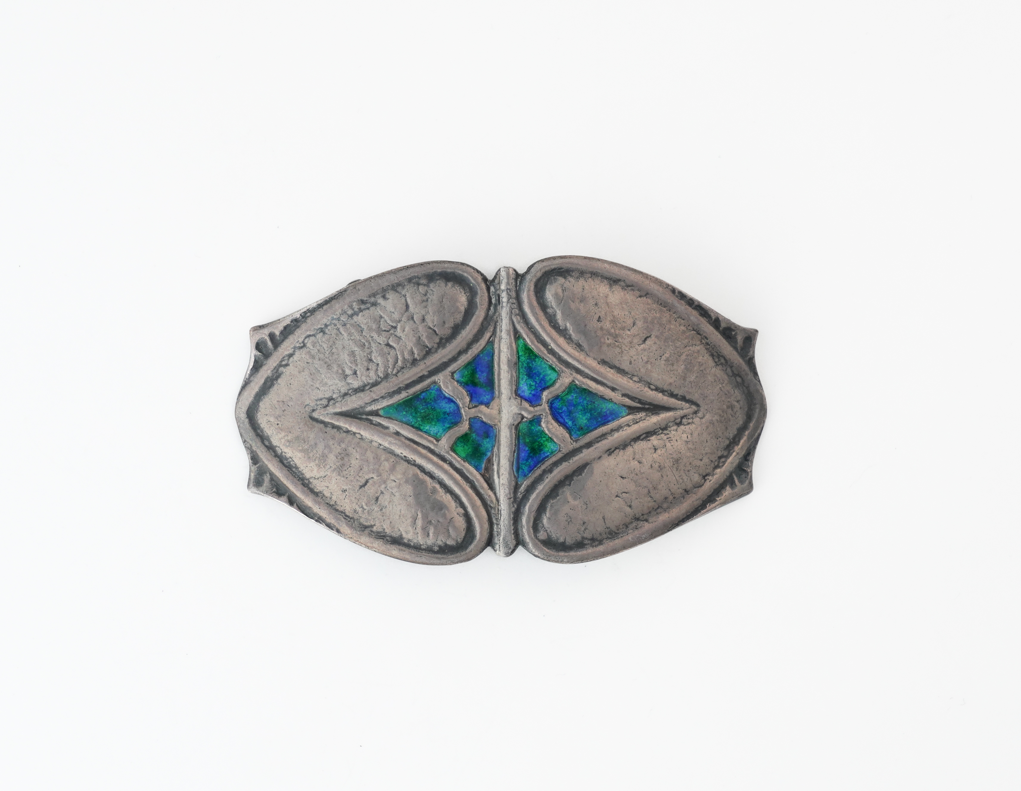 A LIBERTY AND CO SILVER AND ENAMELLED TWO PIECE ART NOUVEAU WAISTBELT BUCKLE