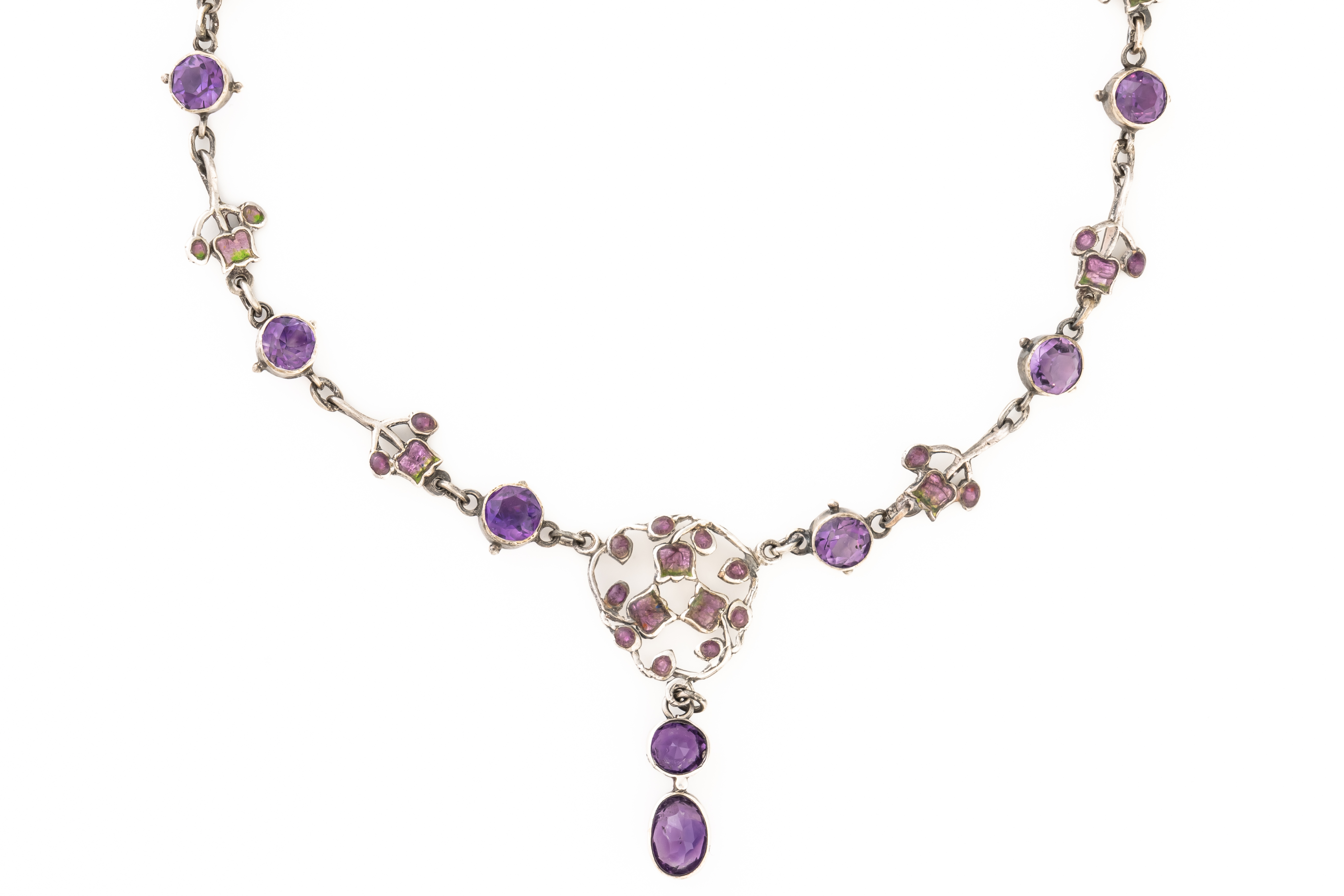 LIBERTY & CO: A SILVER, AMETHYST AND ENAMEL PENDANT NECKLACE