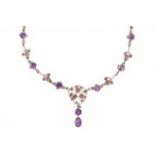 LIBERTY & CO: A SILVER, AMETHYST AND ENAMEL PENDANT NECKLACE