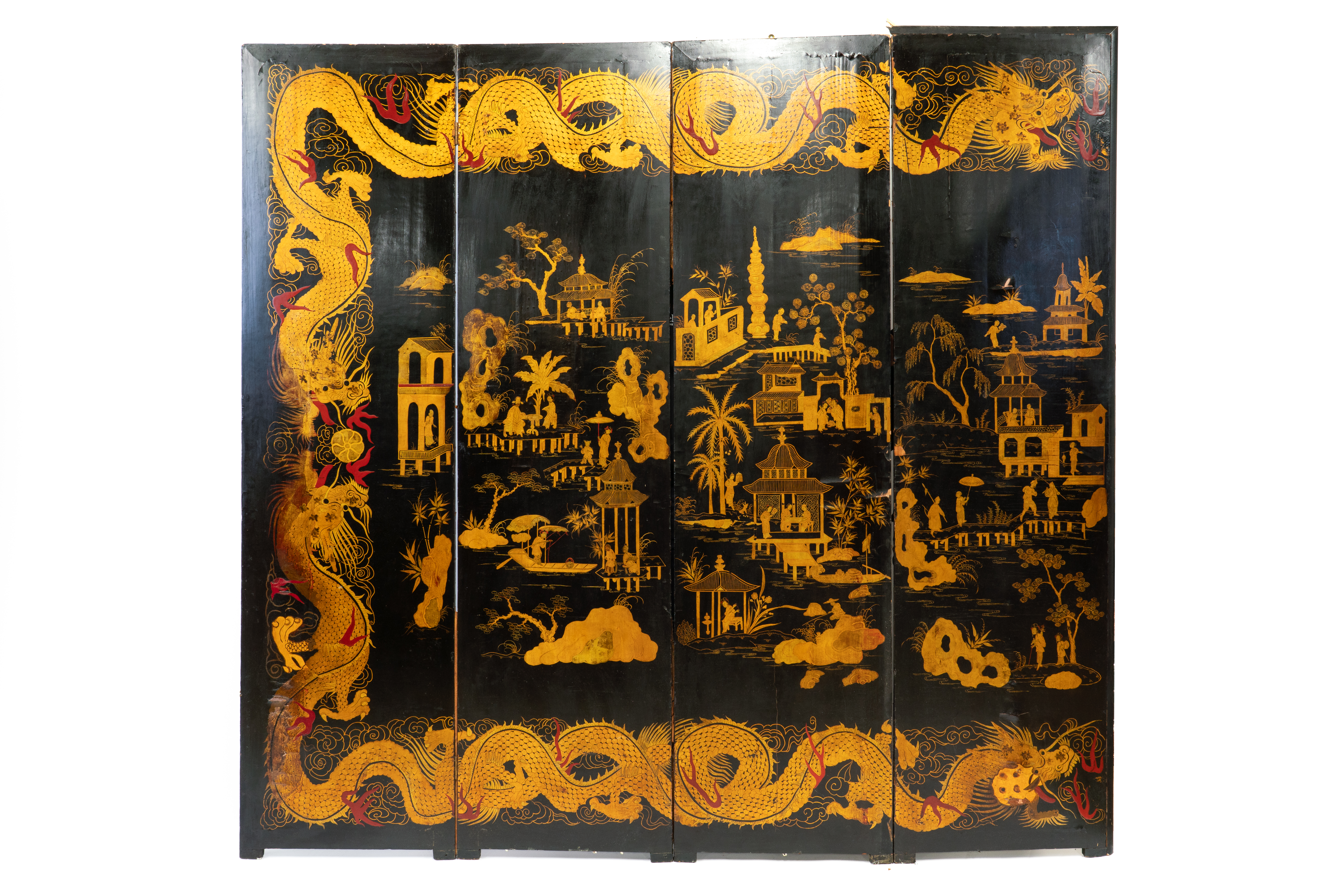 A LATE 19TH CENTURY CHINESE EXPORT CHINOISERIE DECORATED FOUR FOLD SCREEN - Image 6 of 14