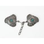 A LIBERTY AND CO SILVER TURQUOISE MATRIX TWO PIECE ART NOUVEAU CLOAK CLASP