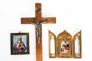 A EUROPEAN ENAMEL AND GILT-BRASS TRIPTYCH DEPICTING THE PIETA AND A RUSSIAN ENAMEL ICON (3)