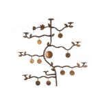 A WROUGHT IRON EIGHT LIGHT TREE SHAPED WALL MOUNTED CANDELABRUM