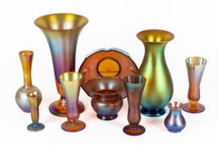 A GROUP OF TEN PIECES OF IRIDESCENT GLASS (10)