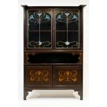 AN ART NOUVEAU FLORAL MARQUETRY INLAID MAHOGANY DISPLAY CABINET CUPBOARD