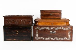 A VICTORIAN BRASS MOUNTED COROMANDEL JEWELLERY BOX AND A MOTHER-OF-PEARL INLAID ROSEWOOD...