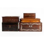 A VICTORIAN BRASS MOUNTED COROMANDEL JEWELLERY BOX AND A MOTHER-OF-PEARL INLAID ROSEWOOD...