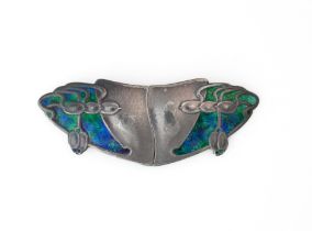 A LIBERTY AND CO SILVER AND ENAMELLED ART NOUVEAU TWO PIECE WAISTBELT BUCKLE