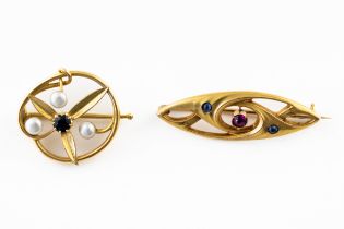 TWO RUSSIAN GOLD AND GEM SET BROOCHES (2)