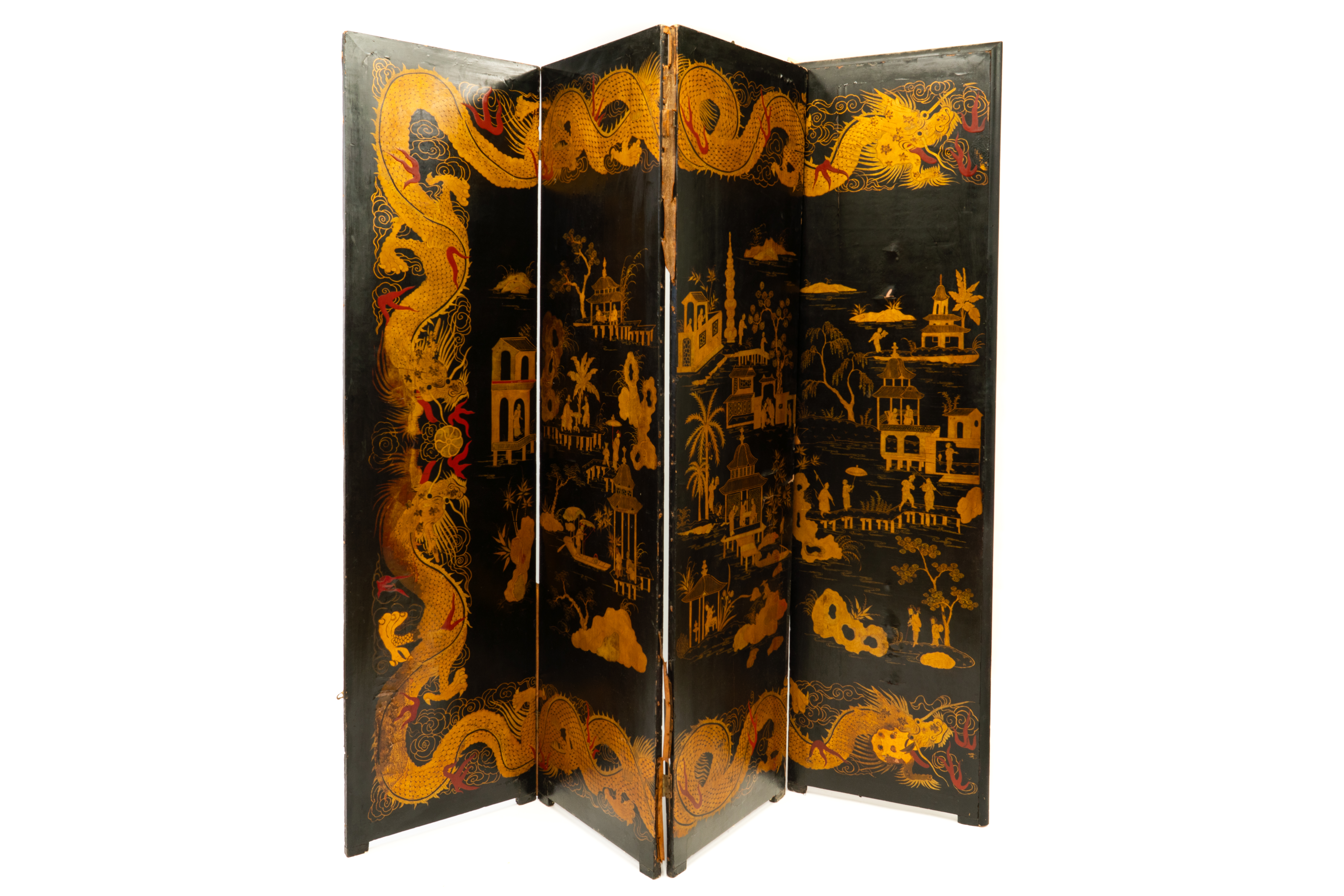 A LATE 19TH CENTURY CHINESE EXPORT CHINOISERIE DECORATED FOUR FOLD SCREEN