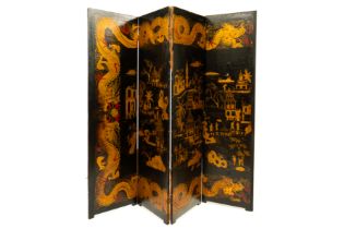 A LATE 19TH CENTURY CHINESE EXPORT CHINOISERIE DECORATED FOUR FOLD SCREEN