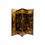 A LATE 19TH CENTURY CHINESE EXPORT CHINOISERIE DECORATED FOUR FOLD SCREEN