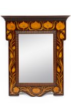 AN ART NOUVEAU STYLISED TULIP FLORAL MARQUETRY INLAID MAHOGANY WALL MIRROR