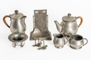 LIBERTY & CO: A PEWTER FOUR PIECE BACHELOR TEA AND COFFEE SERVICE (8)