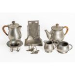 LIBERTY & CO: A PEWTER FOUR PIECE BACHELOR TEA AND COFFEE SERVICE (8)