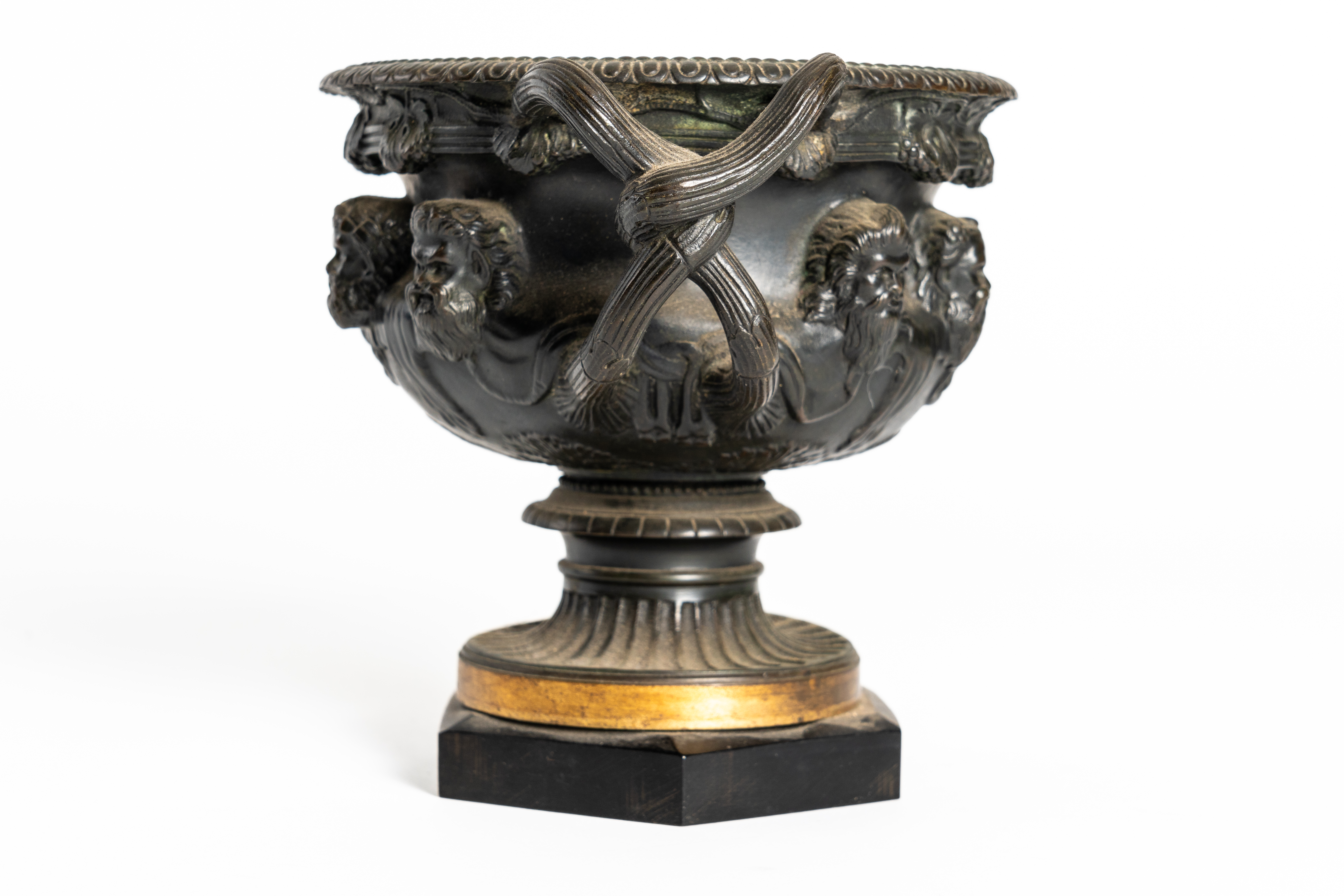 AFTER THE ANTIQUE: A PATINATED BRONZE AND GILT METAL WARWICK VASE AND TWO EGYPTIAN PHARAOH... - Image 6 of 8