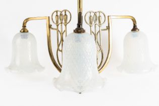 AN ART NOUVEAU BRASS THREE BANCH HANGING LIGHT