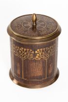 ERHARD & SOHNE: AN ART NOUVEAU BRASS INLAID ROSEWOOD CYLINDRICAL TOBACCO JAR OR HUMIDOR