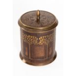 ERHARD & SOHNE: AN ART NOUVEAU BRASS INLAID ROSEWOOD CYLINDRICAL TOBACCO JAR OR HUMIDOR
