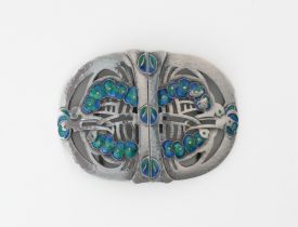 JESSIE M. KING; A LIBERTY AND CO SILVER AND ENAMELLED TWO PIECE ART NOUVEAU WAISTBELT BUCKLE