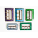 FIVE SILVER AND ENAMELLED RECTANGULAR BUCKLES (5)