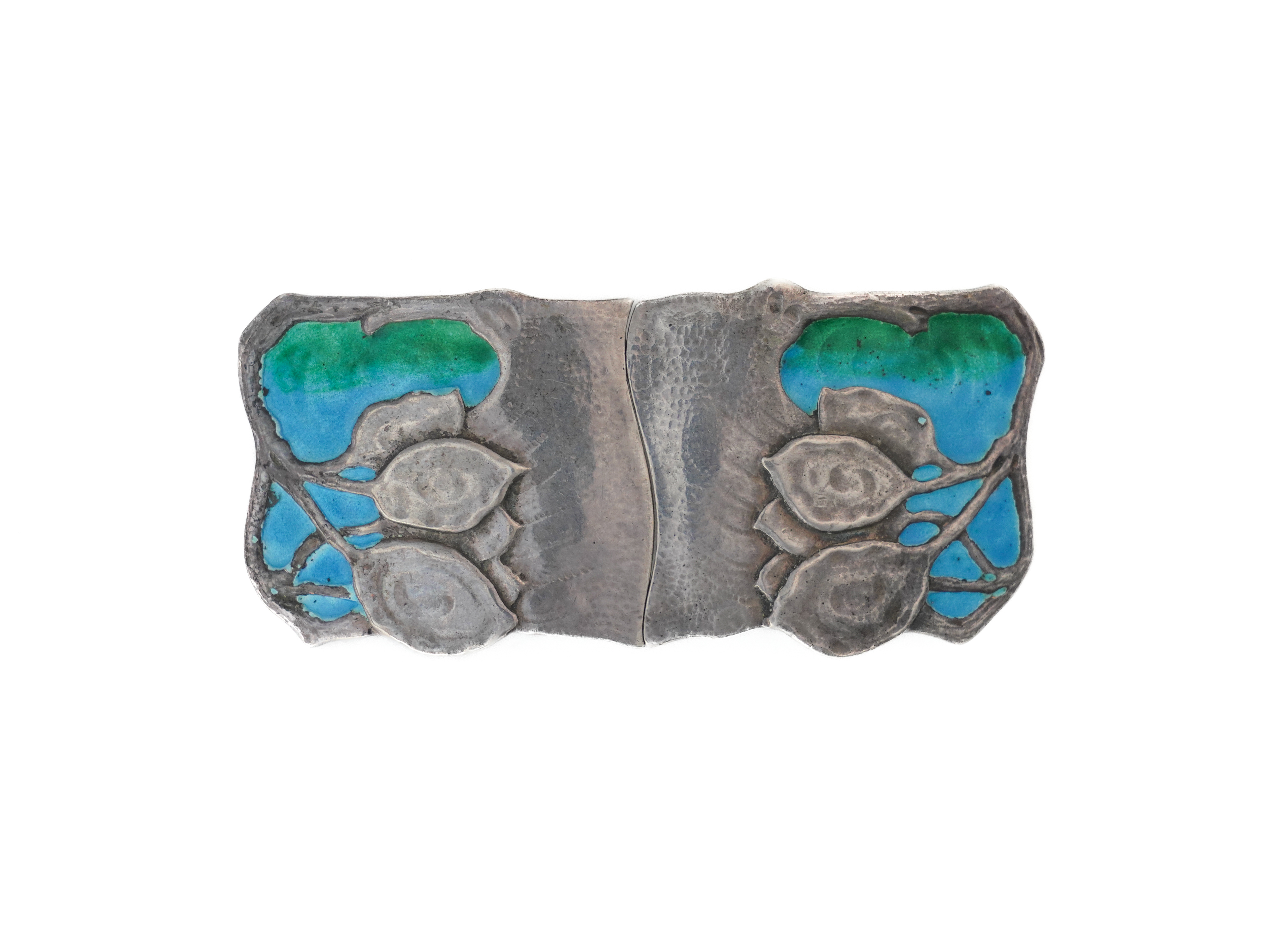 A SILVER AND ENAMELLED TWO PIECE ART NOUVEAU WAISTBELT BUCKLE