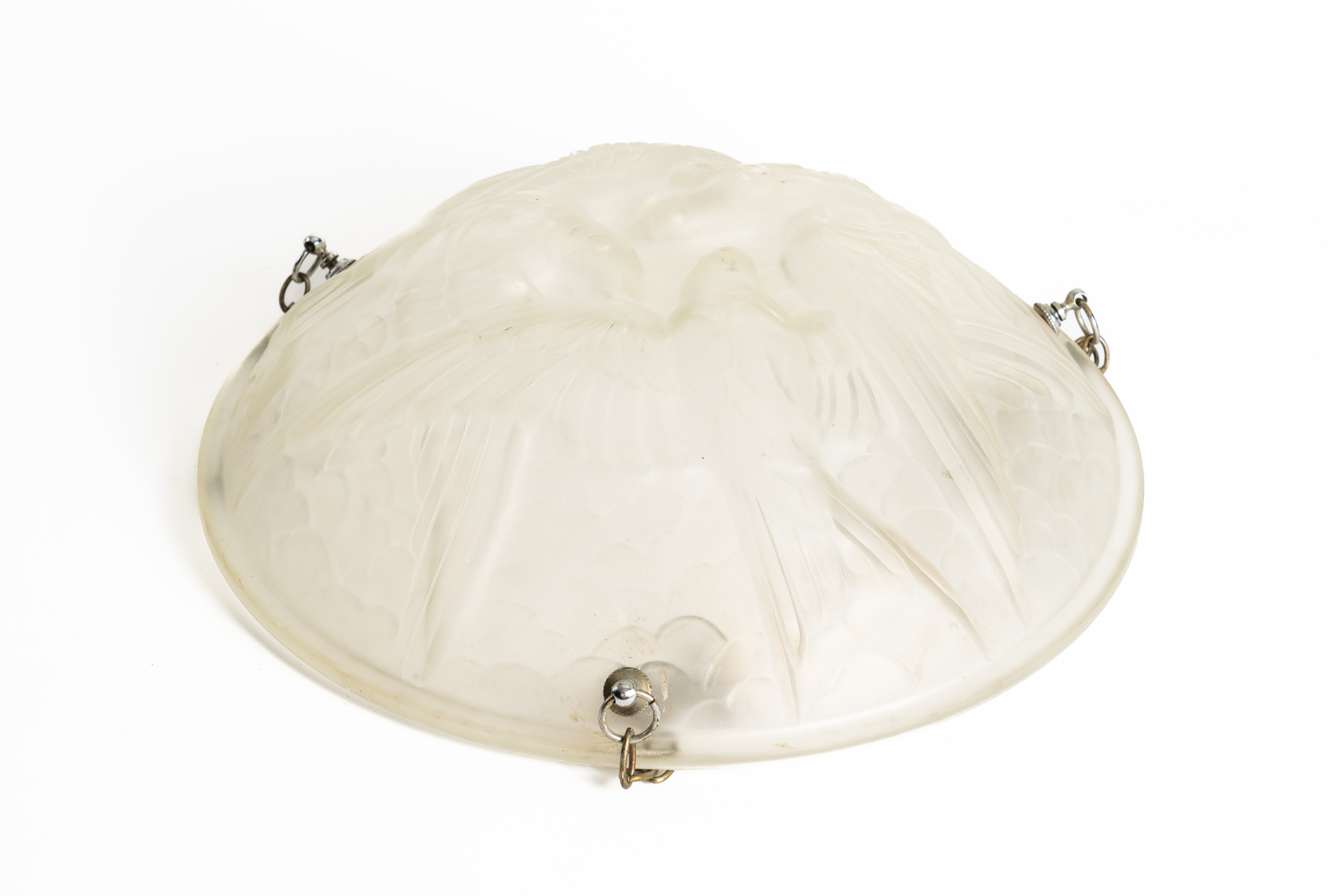 AN ART DECO FROSTED AND MOULDED GLASS HANGING DISH LIGHT