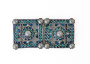 AN ENAMELLED AND BLISTER PEARL SET TWO PIECE WAISTBELT BUCKLE