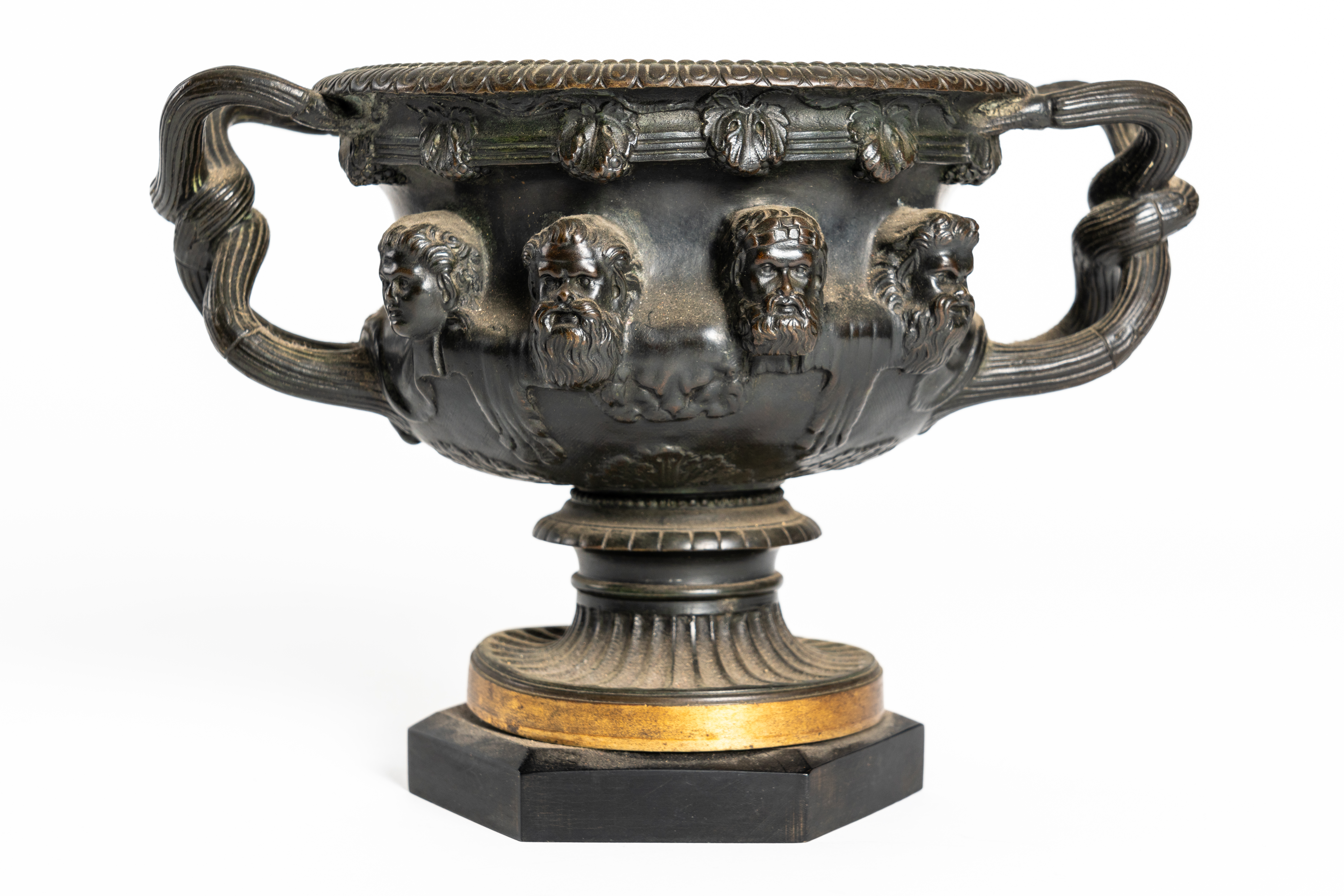 AFTER THE ANTIQUE: A PATINATED BRONZE AND GILT METAL WARWICK VASE AND TWO EGYPTIAN PHARAOH... - Image 7 of 8