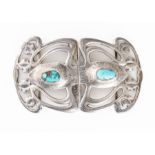 AN ART NOUVEAU SILVER AND TURQUOISE MATRIX TWO PIECE WAISTBELT BUCKLE