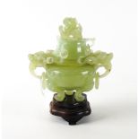 A CHINESE GREEN BOWENITE TRIPOD CENSER AND COVER (3)