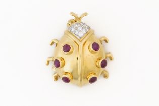 A YELLOW GOLD DIAMOND AND RUBY LADYBIRD BROOCH