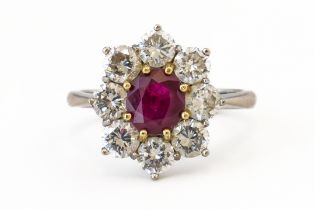 AN 18CT WHITE GOLD, RUBY AND DIAMOND NINE STONE OVAL CLUSTER RING (2)