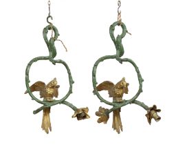 A PAIR OF GIL-METAL AND GREEN PAINTED 'COCKATOO' HANGING LIGHTS (2)